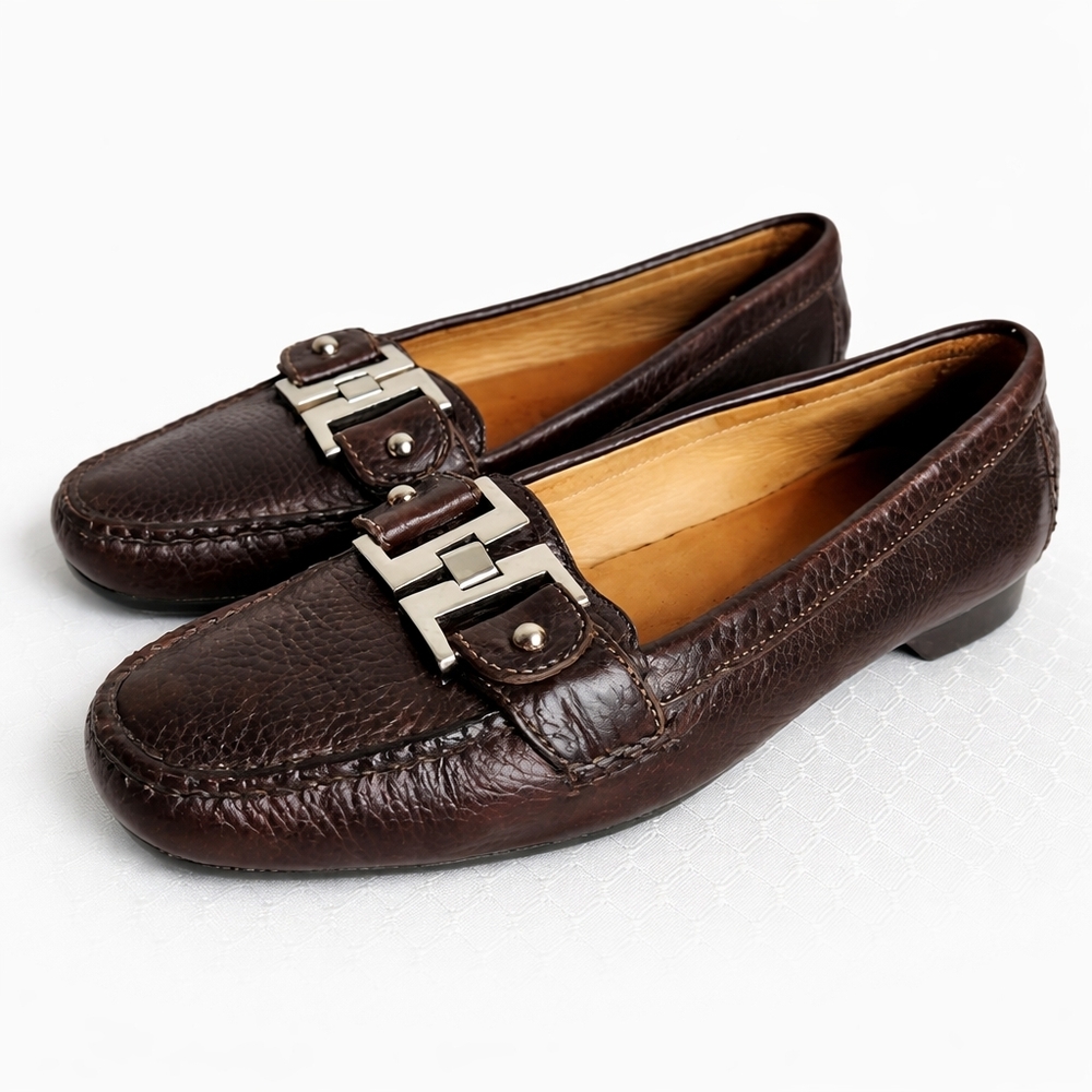 Fairmount Brown Leather Loafers Women’s Sz 5 Silver Hardware Driving Flats